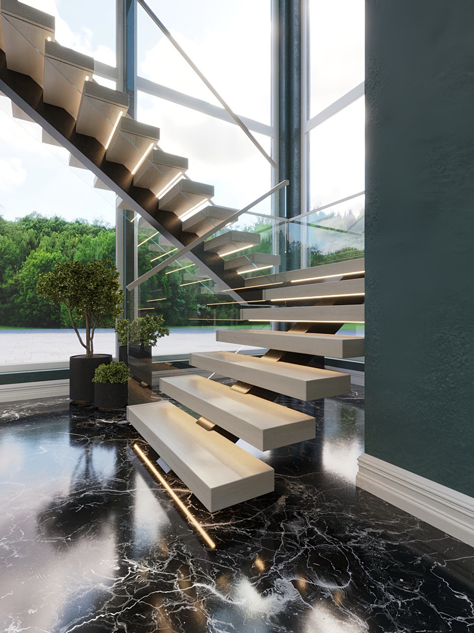 Luxury floating stairs with illuminated steps and marble flooring
