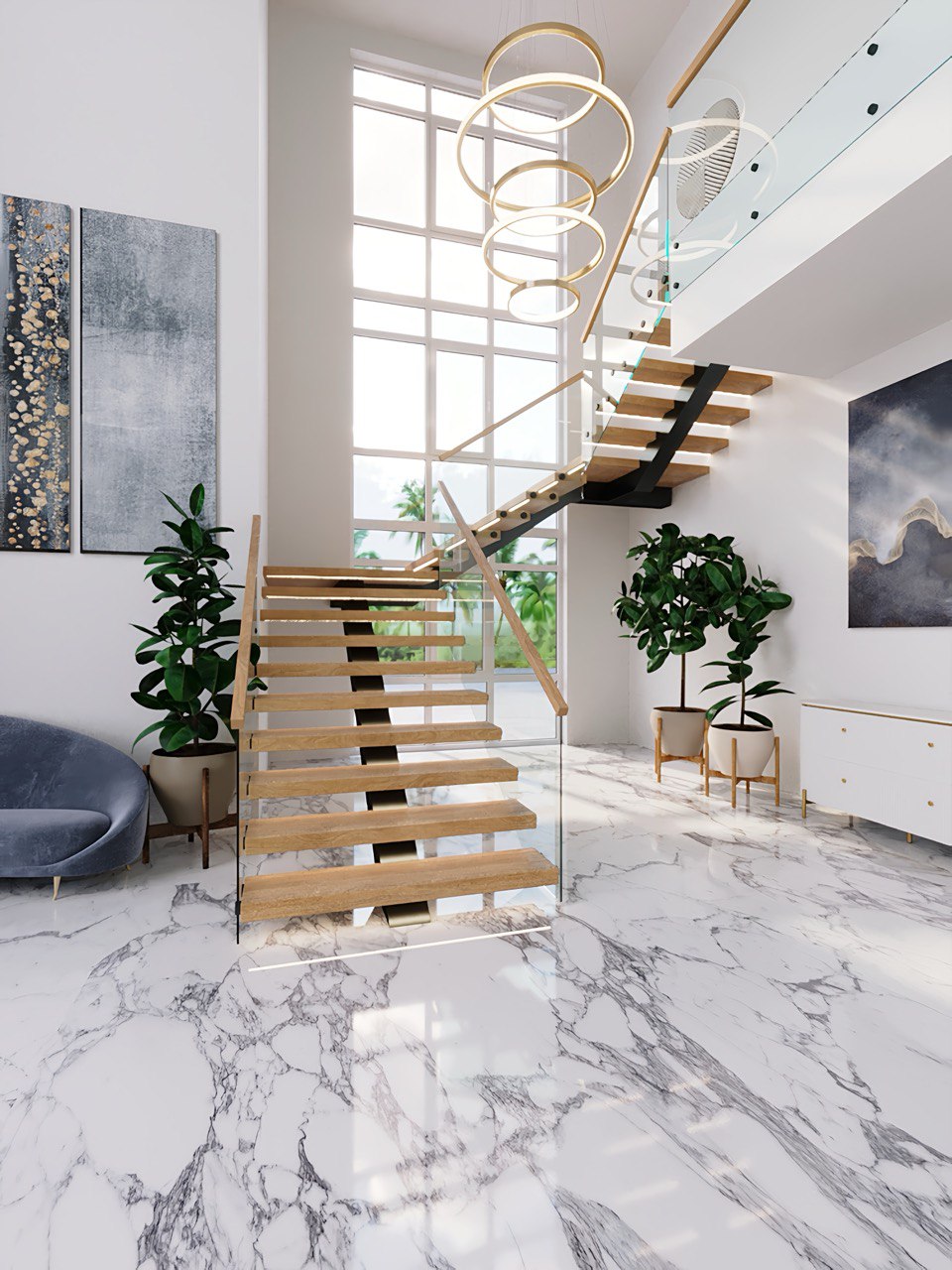 Architectural staircase design with white treads and glass balustrade